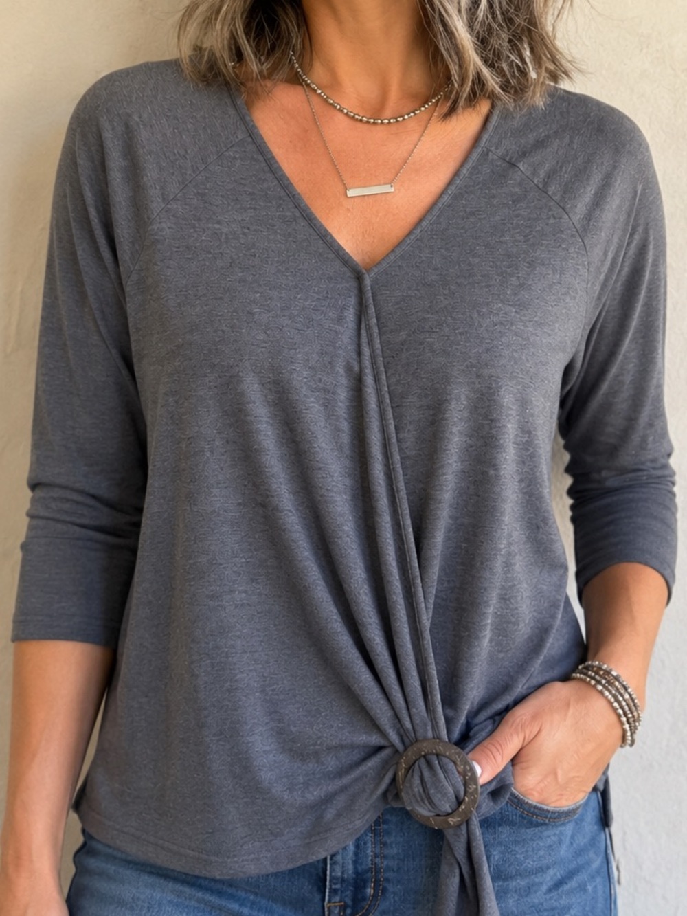 Bobeau Washed Gray V-Neck Knot Front Top with wooden knot holder. Boho, Heather.